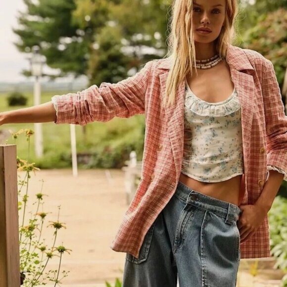 Free People Jackets & Blazers - Free People Olivia Gingham Blazer Jacket Pink Size XS NWT Retail $178